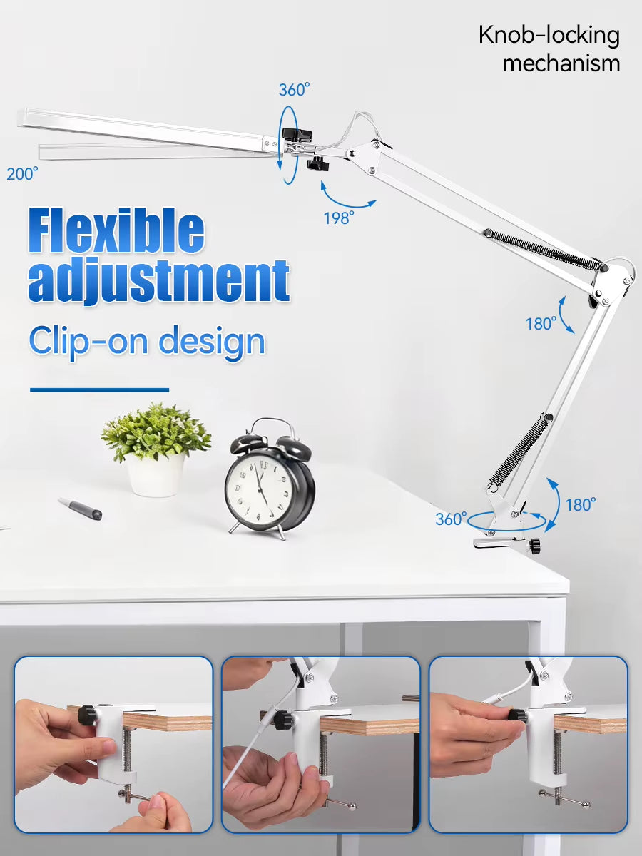 Black Dual-Head Foldable Desk Lamp with Mechanical Arm Design 24W Adjustable Light Clamp Installation 38cm USB Reading Lamp