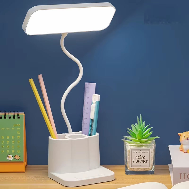 LED desk lamp with pen holder, rechargeable, three adjustable brightness levels, eye-friendly white light, suitable as a night l