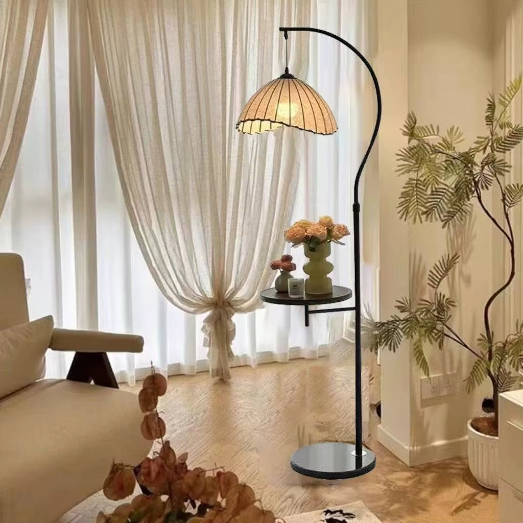 Vintage Amber Shade Floor Lamp with Side Table, Modern LED Standing Light with Shelf for Living Room Bedroom Home Decor