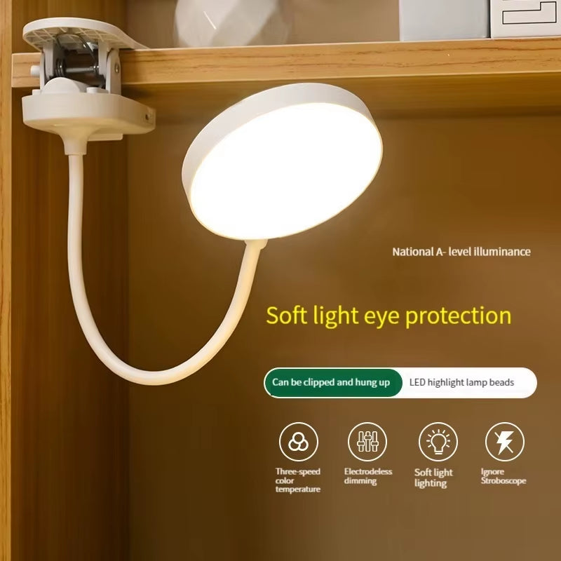 LED Plug-In Desk Lamp Adjustable Brightness Clip-On Standable Reading Study Bedroom Night Light with Flexible Gooseneck
