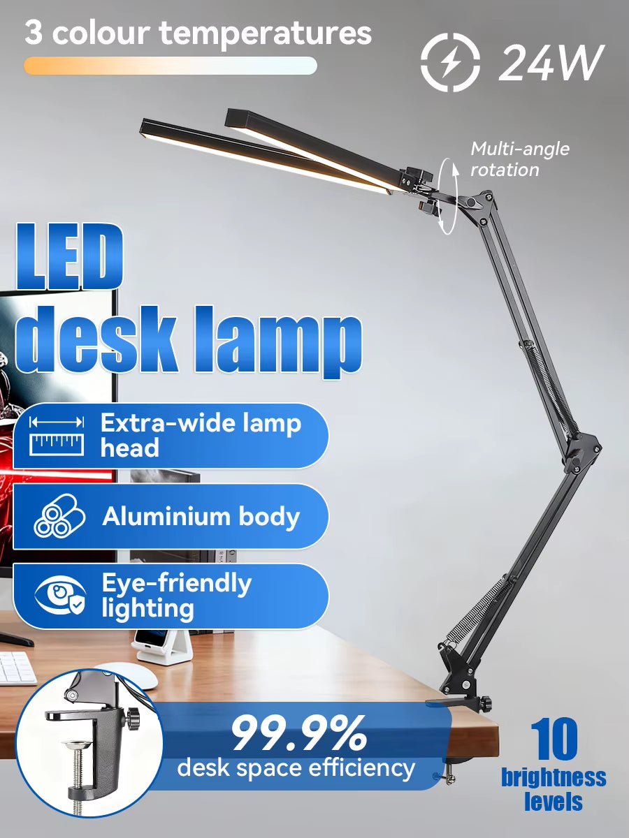 Black Dual-Head Foldable Desk Lamp with Mechanical Arm Design 24W Adjustable Light Clamp Installation 38cm USB Reading Lamp
