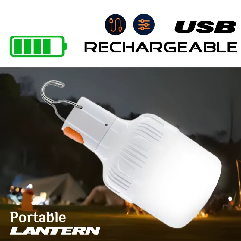 Portable LED travel light bulb with hook, USB rechargeable emergency work light, handheld floodlight lantern