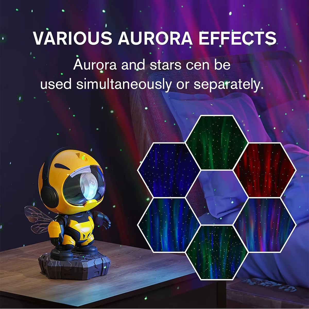 Projector Light, Small Bee Projector, LED Light, Starry Nebula Sky, Galaxy Design, Suitable for Bedroom, Part