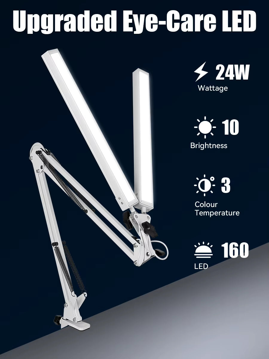 Black Dual-Head Foldable Desk Lamp with Mechanical Arm Design 24W Adjustable Light Clamp Installation 38cm USB Reading Lamp
