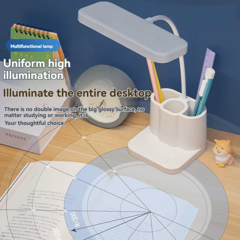 LED desk lamp with pen holder, rechargeable, three adjustable brightness levels, eye-friendly white light, suitable as a night l