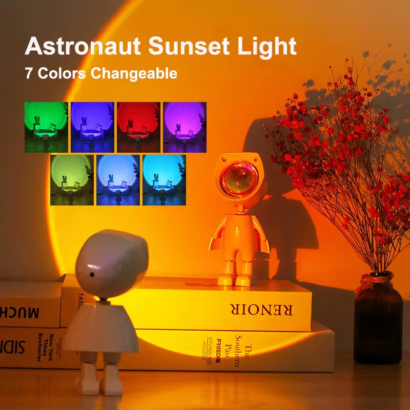 Modern Astronaut Robot Night Light Rainbow Projection Sunset Lamp for Bedroom Atmosphere Battery Operated Embedded Infinite