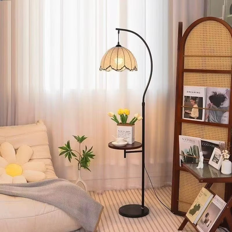 Vintage Amber Shade Floor Lamp with Side Table, Modern LED Standing Light with Shelf for Living Room Bedroom Home Decor