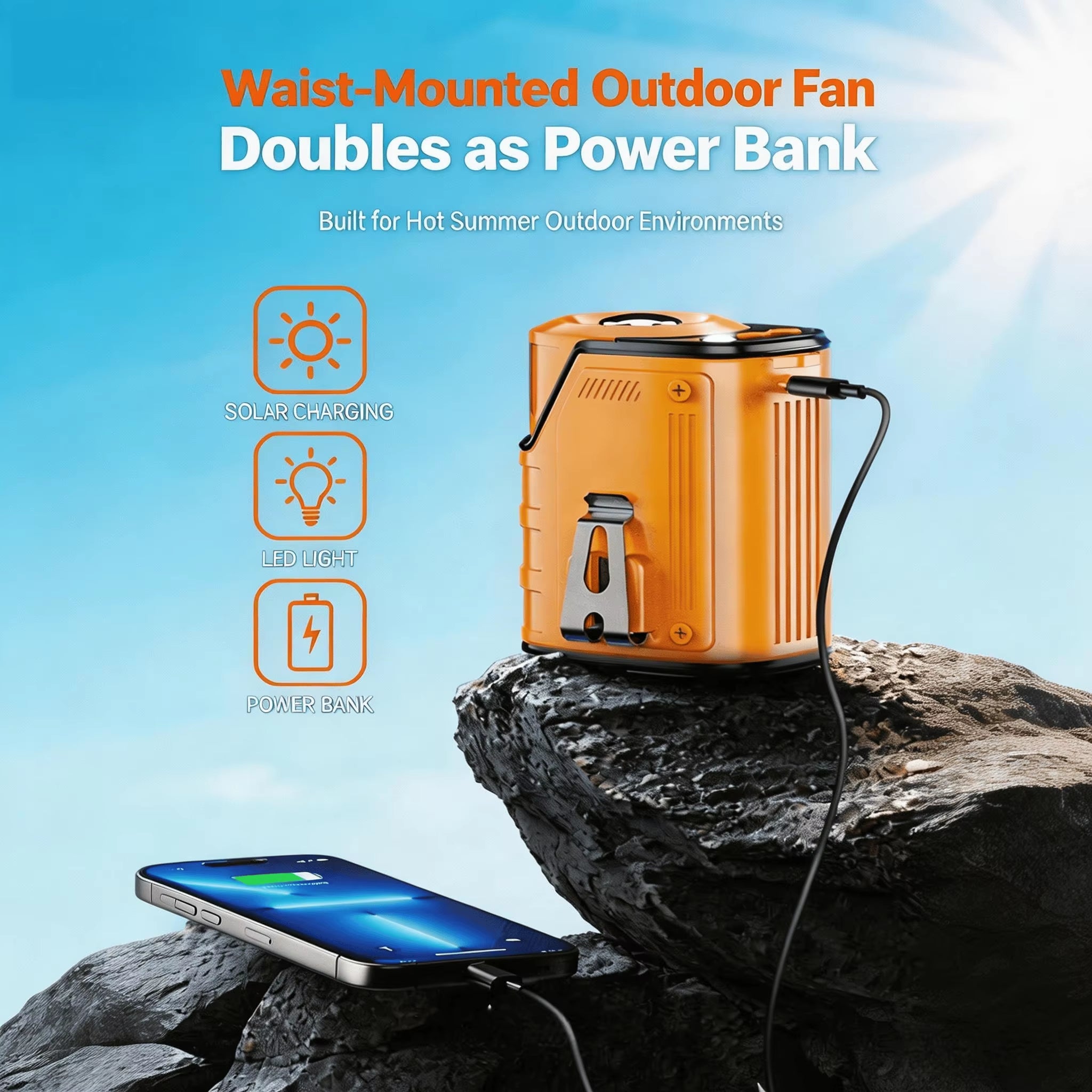 2026 3-in1 Waist Fan，Portable Fan,Handheld Fan, Neck Fan,mini fan, Desktop Fan，Can be used as an emergency power bank，5000mAh 10H Long Lasting, 100 Speed Adjustable, LED Flashlight & SOS Light,flashlight，Type-C Rechargeable