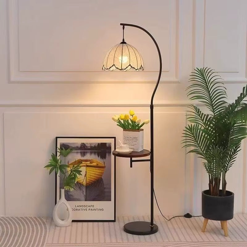 Vintage Amber Shade Floor Lamp with Side Table, Modern LED Standing Light with Shelf for Living Room Bedroom Home Decor