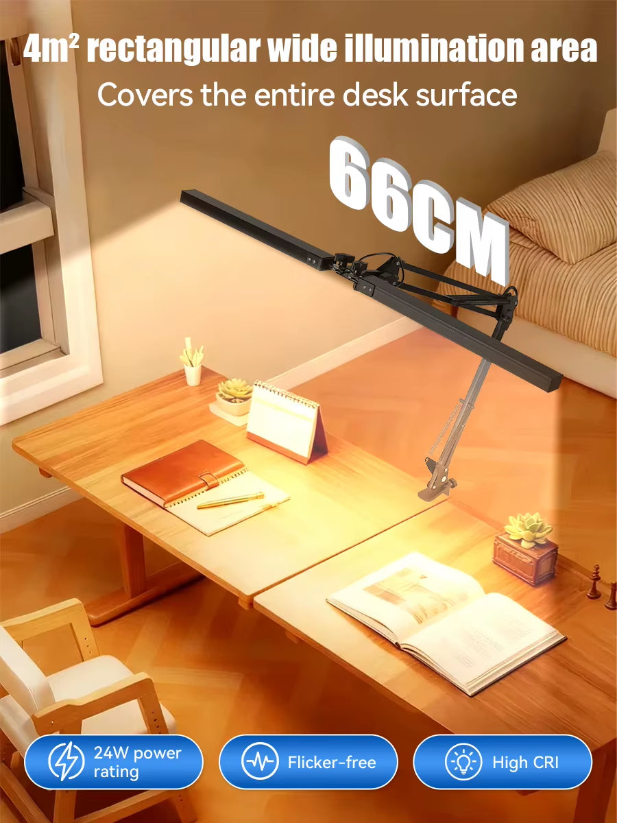 Black Dual-Head Foldable Desk Lamp with Mechanical Arm Design 24W Adjustable Light Clamp Installation 38cm USB Reading Lamp