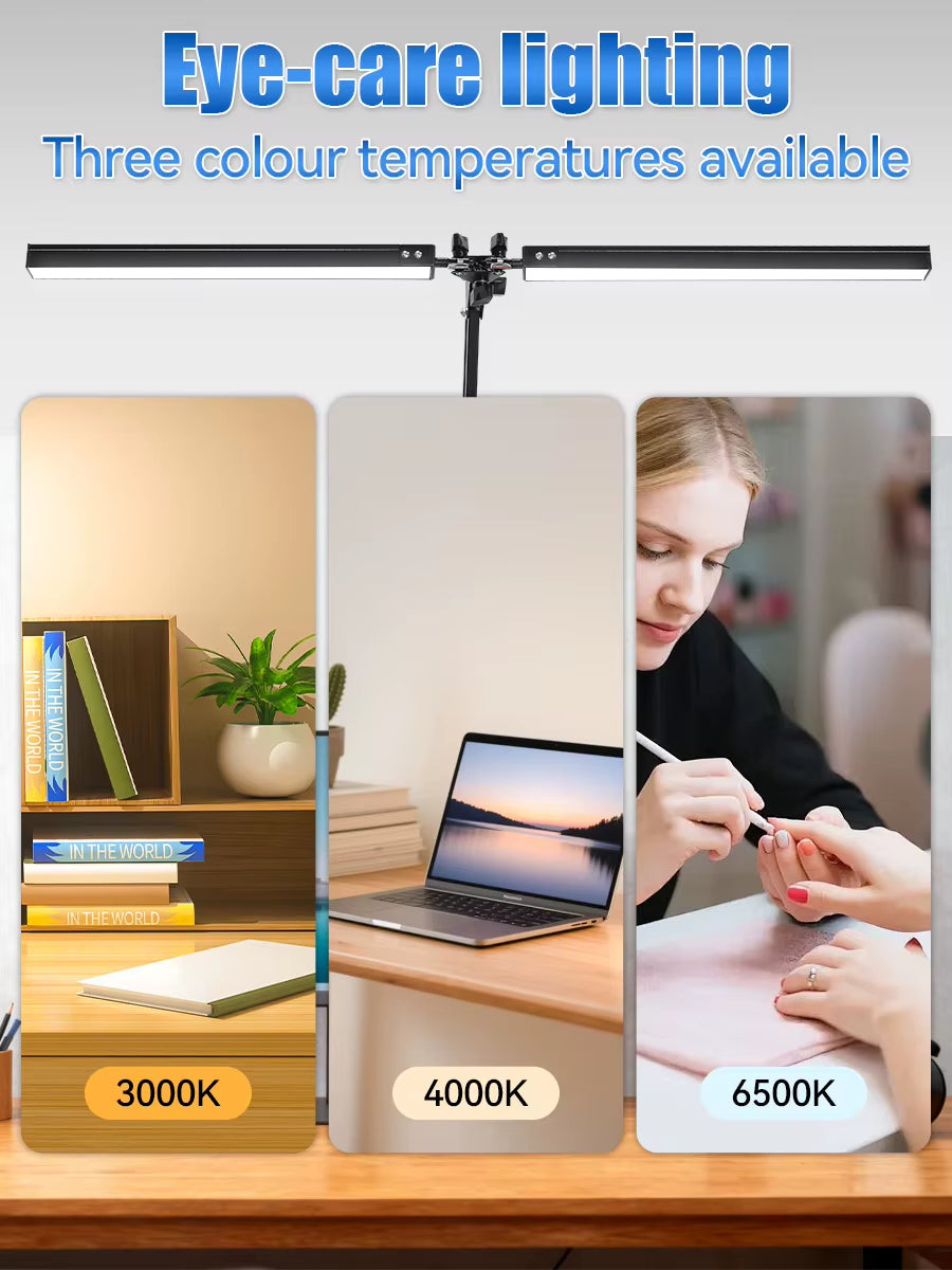 Black Dual-Head Foldable Desk Lamp with Mechanical Arm Design 24W Adjustable Light Clamp Installation 38cm USB Reading Lamp