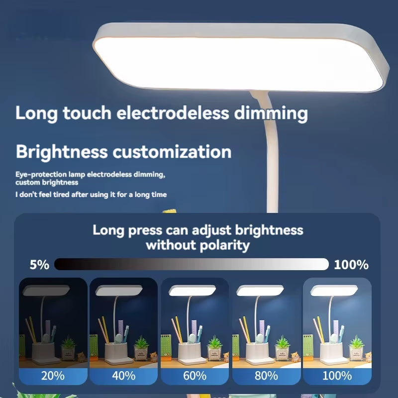 LED desk lamp with pen holder, rechargeable, three adjustable brightness levels, eye-friendly white light, suitable as a night l
