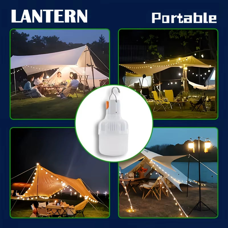 Portable LED travel light bulb with hook, USB rechargeable emergency work light, handheld floodlight lantern