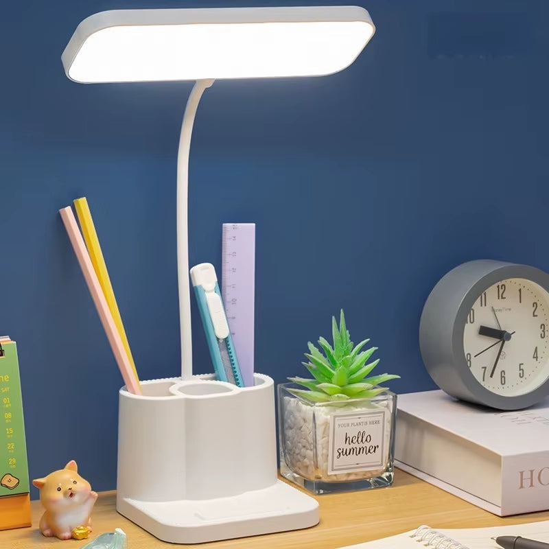 LED desk lamp with pen holder, rechargeable, three adjustable brightness levels, eye-friendly white light, suitable as a night l