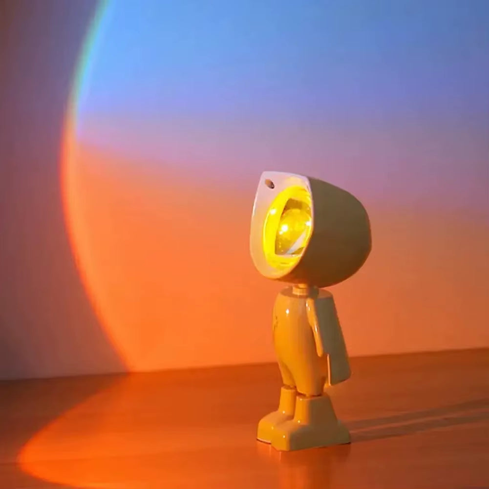 Modern Astronaut Robot Night Light Rainbow Projection Sunset Lamp for Bedroom Atmosphere Battery Operated Embedded Infinite