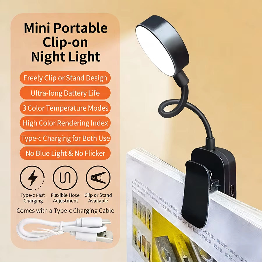 Rechargeable LED Book Lamp Night Light Adjustable Brightness Clip-On Study Reading Light Travel Bedroom Reading Bedside Lamps
