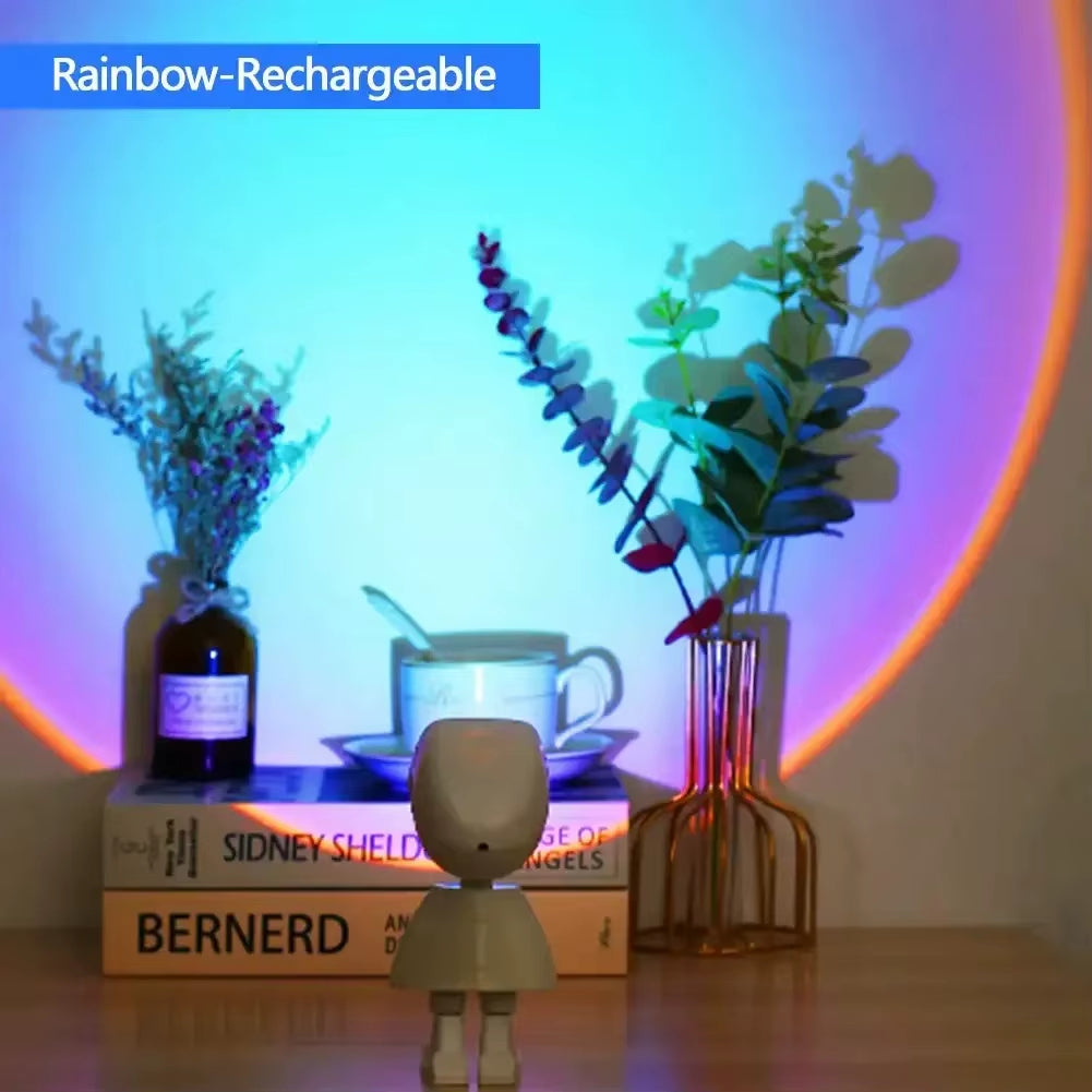 Modern Astronaut Robot Night Light Rainbow Projection Sunset Lamp for Bedroom Atmosphere Battery Operated Embedded Infinite
