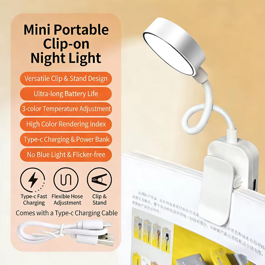 Rechargeable LED Book Lamp Night Light Adjustable Brightness Clip-On Study Reading Light Travel Bedroom Reading Bedside Lamps