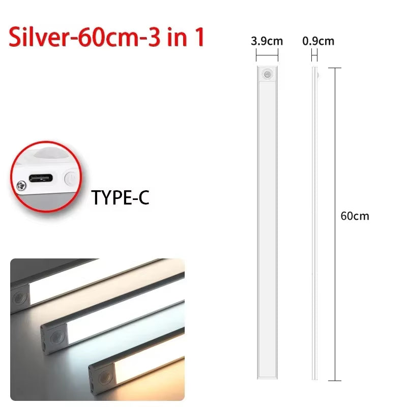 10/20/30/40/50/60CM Under Cabinet Lights LED Night Light Motion Sensor Wireless Rechargeable Kitchen Cabinet Bedroom Lighting