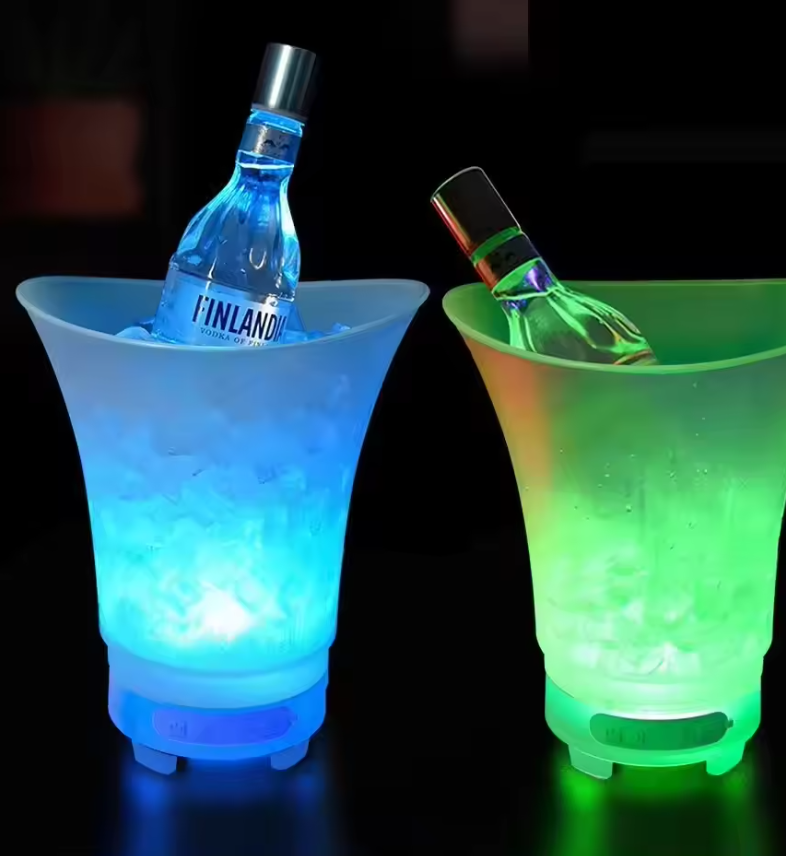 LED Illuminated Ice Bucket (Suitable for Champagne/Beer/Wine) — Round Plastic Party Cooler, Designed for KTV Bars and Home Party