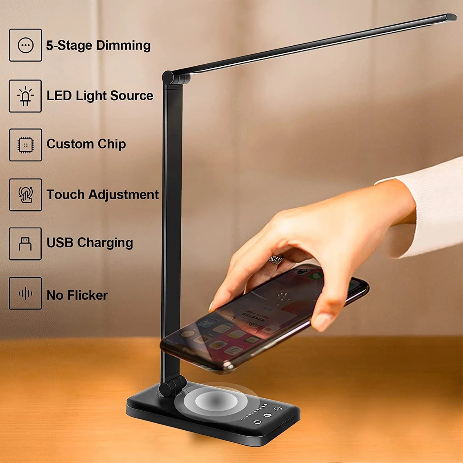 LED Desk Lamp with Wireless Charger,5 Color Modes 10 Brightness Levels Dimmable,360° Foldable Eye-Caring For Home Office Use