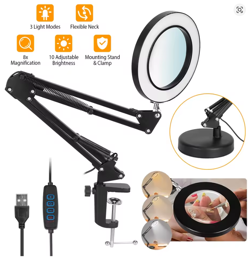 2-in-1 8X LED Magnifying Lamp with Light, Swing Arm Magnifier Desk Light with Clamp Base, USB Dimmable Reading Lamp 3 Color Modes 10 Brightness Levels, Adjustable Foldable Magnifying Glass Light for Craft Repair Tattoo Jewelry Workbench Black