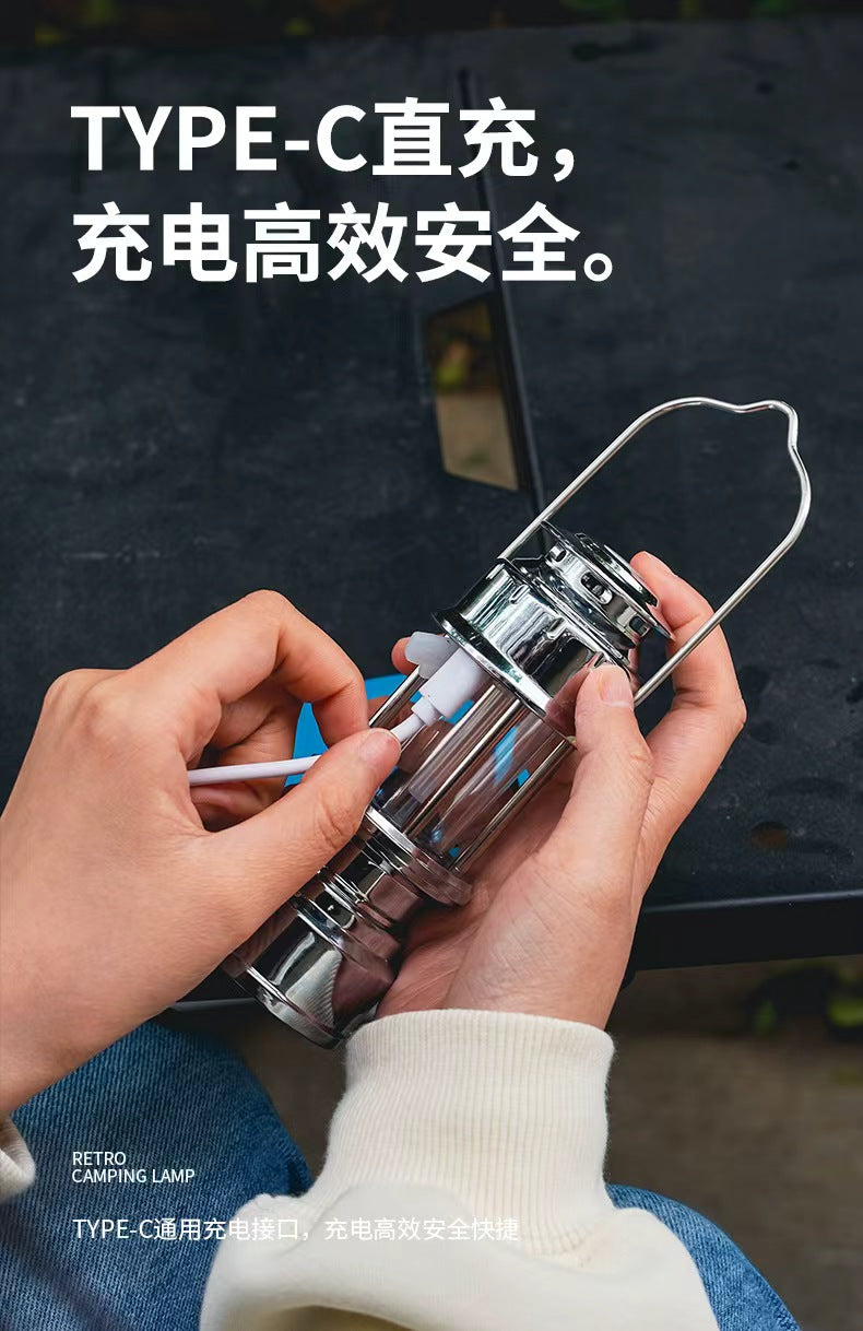 Portable retro lantern tent camping charging camping lamp outdoor atmosphere lighting led emergency hand lamp