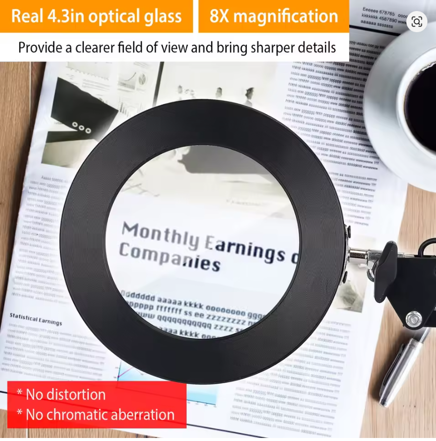 2-in-1 8X LED Magnifying Lamp with Light, Swing Arm Magnifier Desk Light with Clamp Base, USB Dimmable Reading Lamp 3 Color Modes 10 Brightness Levels, Adjustable Foldable Magnifying Glass Light for Craft Repair Tattoo Jewelry Workbench Black