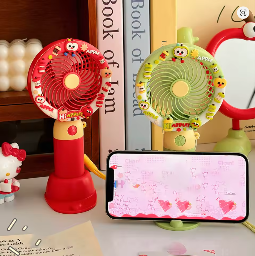 Kawaii Cartoon Apple Handheld Mini Fan USB Rechargeable Portable Small Fan for Summer Outdoor School Travel Office Desktop Fans