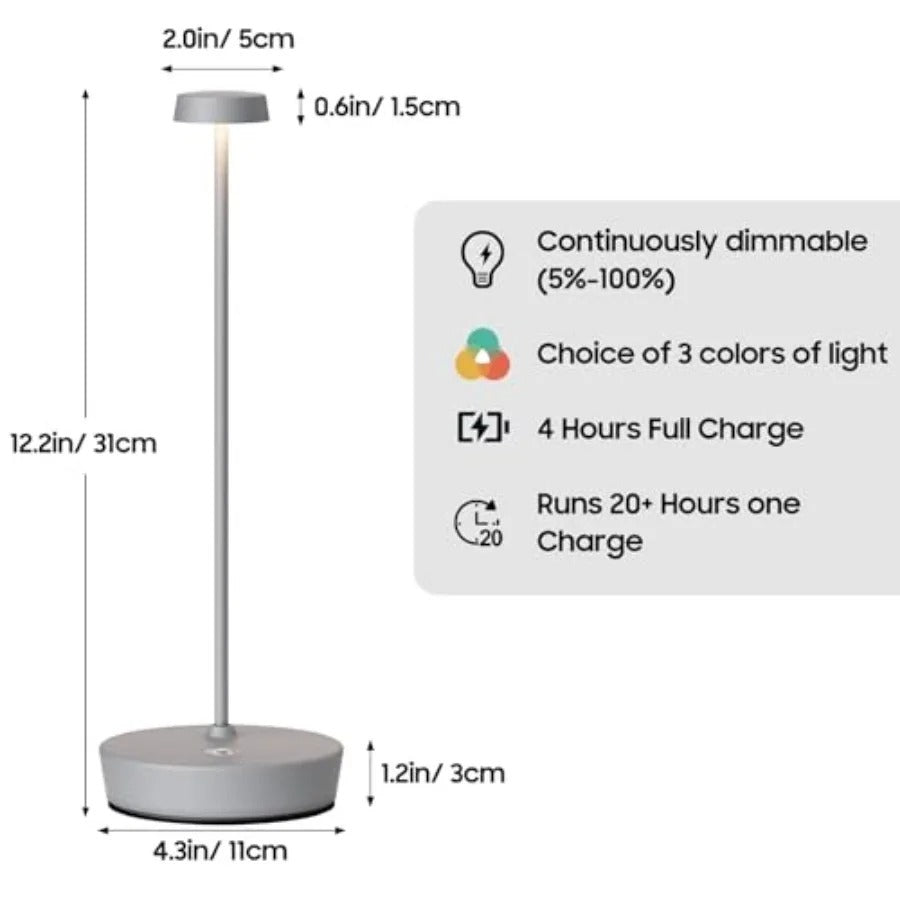 Cordless LED Table Lamp Rechargeable Battery Desk Lamps, 3 Color Stepless Dimmable Metal Battery Table Lamps, Portable Waterpro