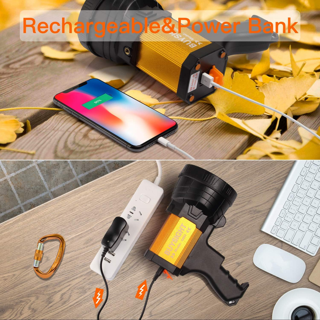BUYSIGHT Rechargeable Spotlight,2000000 Lumens Spot Lights Hand held High lumens Large Flashlight Handheld Spotlight Lightweight and Super Bright Flashlight (Aluminium_Alloy Golden)