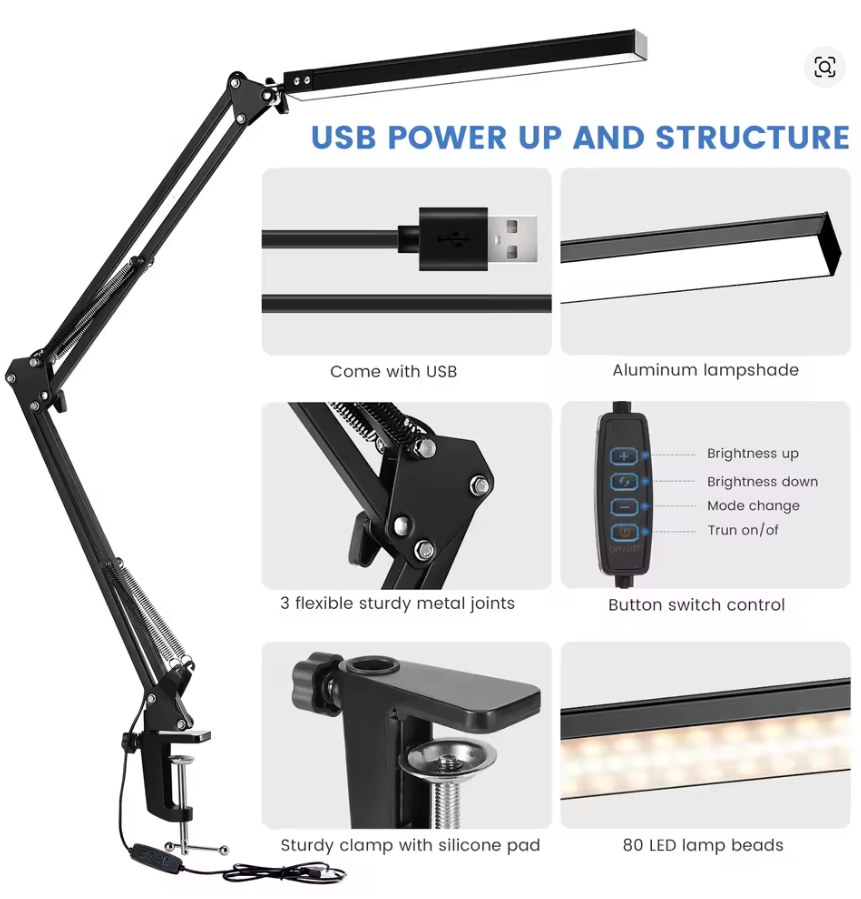 33CM LED Desk Lamp Adjustable Foldable Double Swing Arm Light Eye-Caring For Dormitory Study Office Architect Task Lamp Dimmable