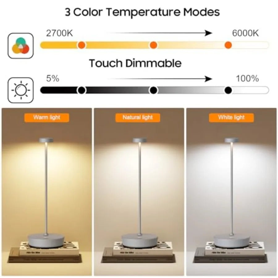 Cordless LED Table Lamp Rechargeable Battery Desk Lamps, 3 Color Stepless Dimmable Metal Battery Table Lamps, Portable Waterpro