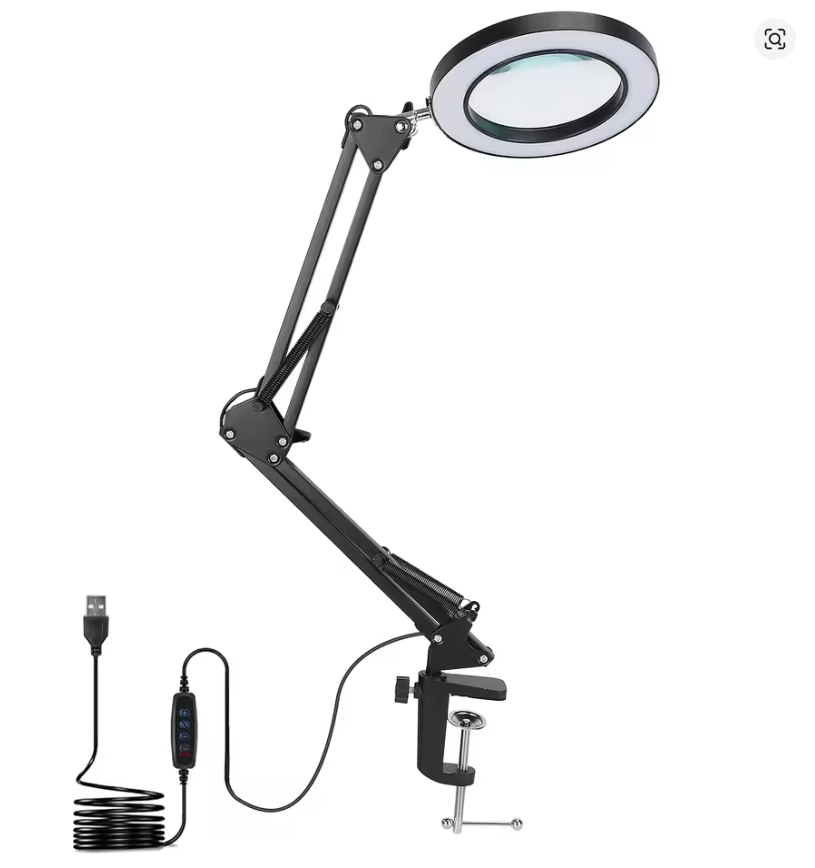 2-in-1 8X LED Magnifying Lamp with Light, Swing Arm Magnifier Desk Light with Clamp Base, USB Dimmable Reading Lamp 3 Color Modes 10 Brightness Levels, Adjustable Foldable Magnifying Glass Light for Craft Repair Tattoo Jewelry Workbench Black