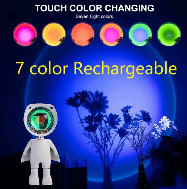 Modern Astronaut Robot Night Light Rainbow Projection Sunset Lamp for Bedroom Atmosphere Battery Operated Embedded Infinite