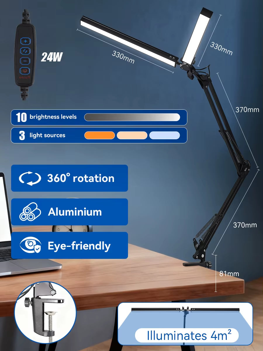 Black Dual-Head Foldable Desk Lamp with Mechanical Arm Design 24W Adjustable Light Clamp Installation 38cm USB Reading Lamp