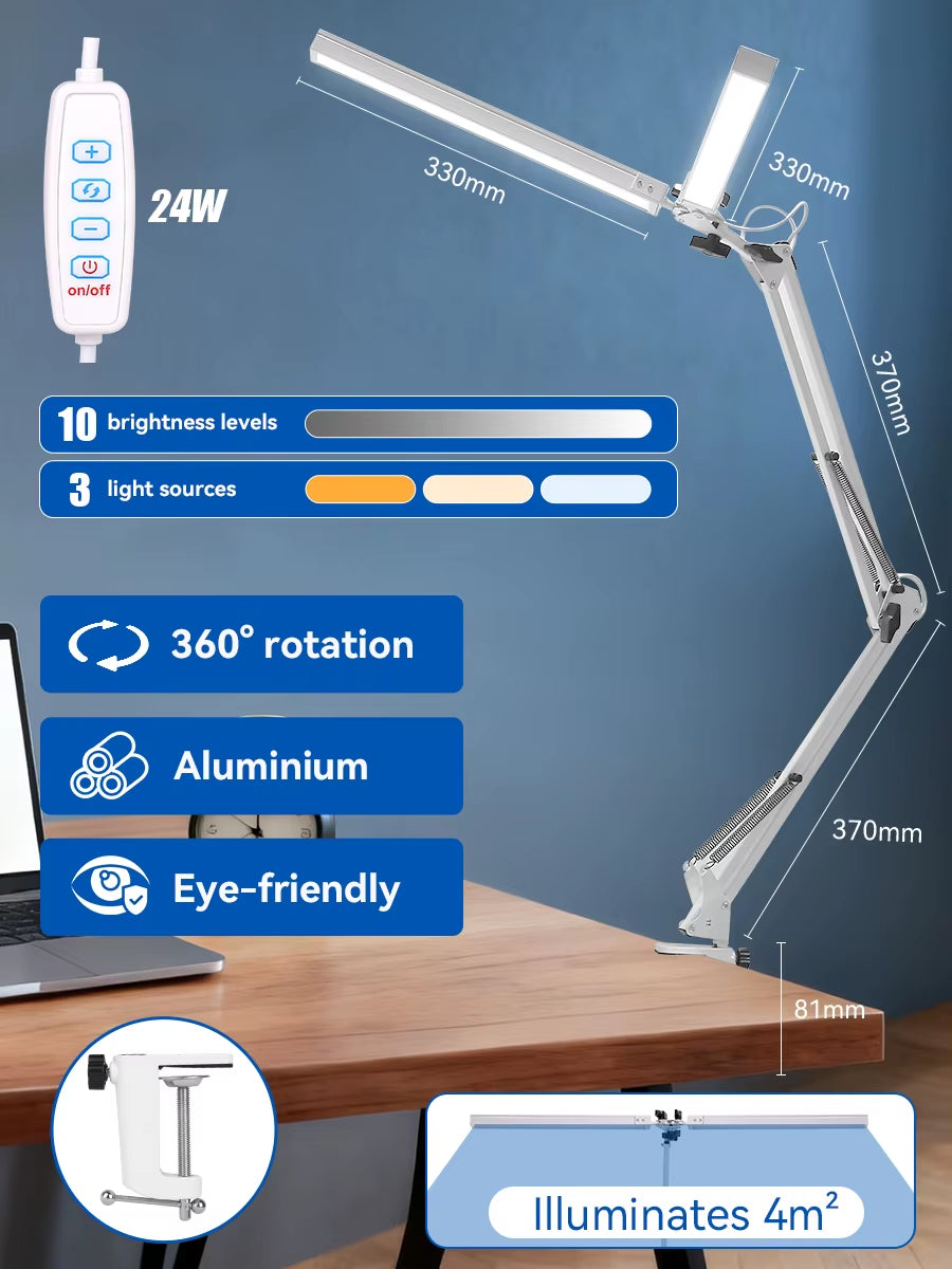 Black Dual-Head Foldable Desk Lamp with Mechanical Arm Design 24W Adjustable Light Clamp Installation 38cm USB Reading Lamp