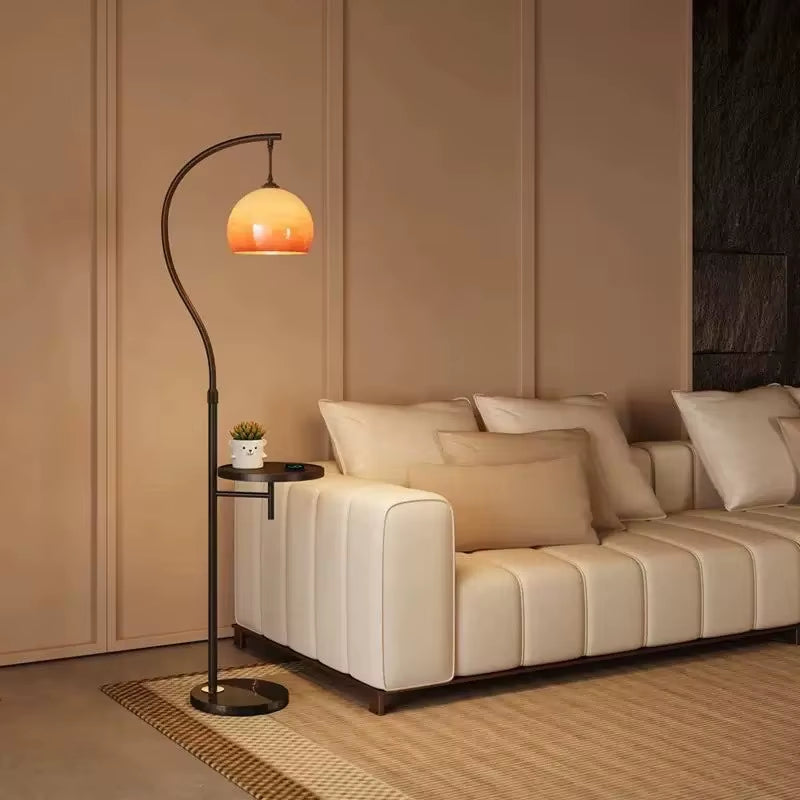 Vintage Amber Shade Floor Lamp with Side Table, Modern LED Standing Light with Shelf for Living Room Bedroom Home Decor