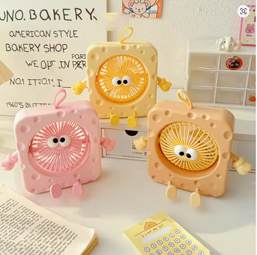 Creative Cheese Shaped Mini Fan 3D Cartoon Portable USB Desk Fan with Hanging Loop Desktop Cooling Fans Office Dorm Decor