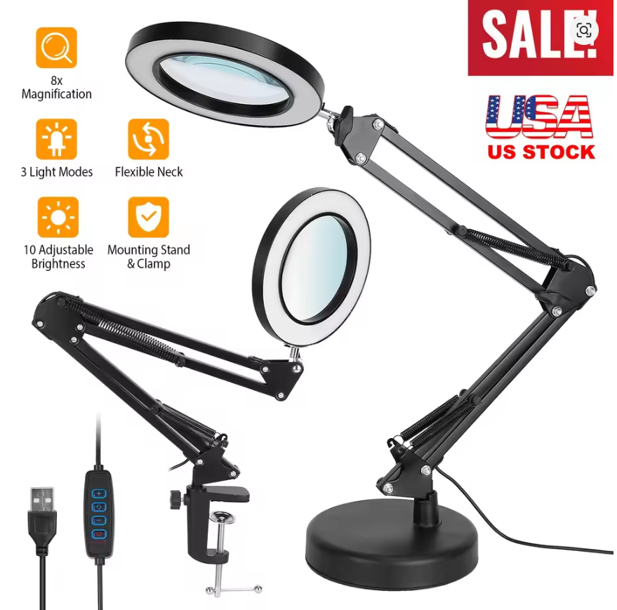2-in-1 8X LED Magnifying Lamp with Light, Swing Arm Magnifier Desk Light with Clamp Base, USB Dimmable Reading Lamp 3 Color Modes 10 Brightness Levels, Adjustable Foldable Magnifying Glass Light for Craft Repair Tattoo Jewelry Workbench Black