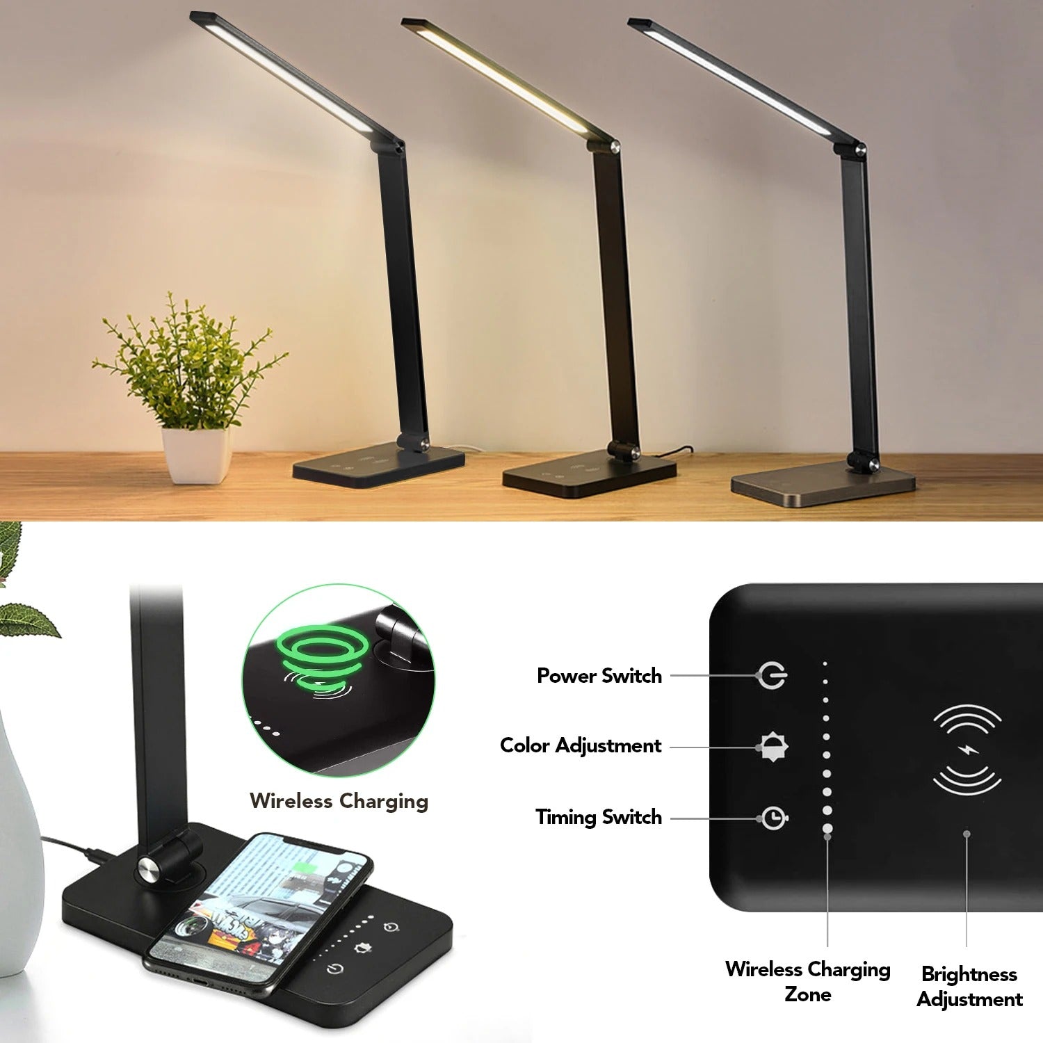 LED Desk Lamp with Wireless Charger,5 Color Modes 10 Brightness Levels Dimmable,360° Foldable Eye-Caring For Home Office Use