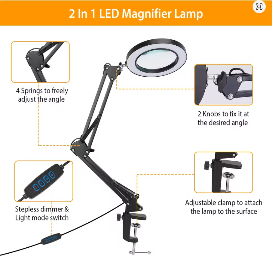 2-in-1 8X LED Magnifying Lamp with Light, Swing Arm Magnifier Desk Light with Clamp Base, USB Dimmable Reading Lamp 3 Color Modes 10 Brightness Levels, Adjustable Foldable Magnifying Glass Light for Craft Repair Tattoo Jewelry Workbench Black
