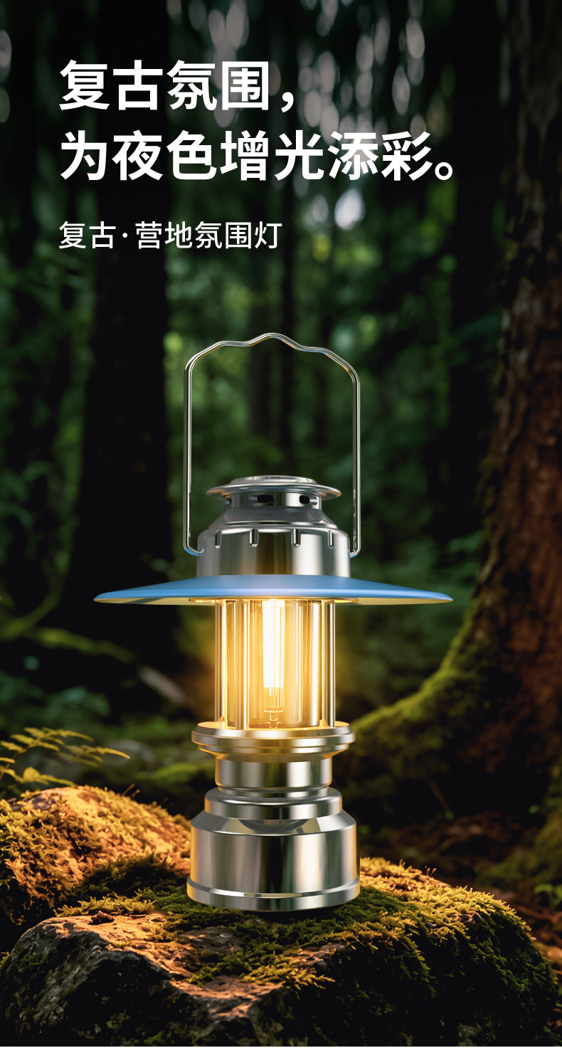 Portable retro lantern tent camping charging camping lamp outdoor atmosphere lighting led emergency hand lamp