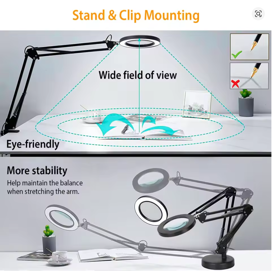 2-in-1 8X LED Magnifying Lamp with Light, Swing Arm Magnifier Desk Light with Clamp Base, USB Dimmable Reading Lamp 3 Color Modes 10 Brightness Levels, Adjustable Foldable Magnifying Glass Light for Craft Repair Tattoo Jewelry Workbench Black
