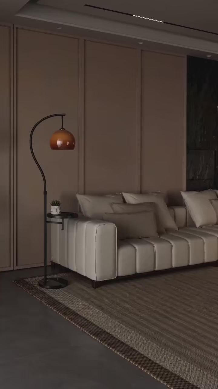 Vintage Amber Shade Floor Lamp with Side Table, Modern LED Standing Light with Shelf for Living Room Bedroom Home Decor