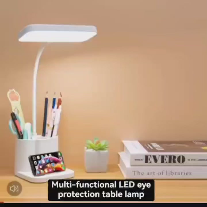 LED desk lamp with pen holder, rechargeable, three adjustable brightness levels, eye-friendly white light, suitable as a night l